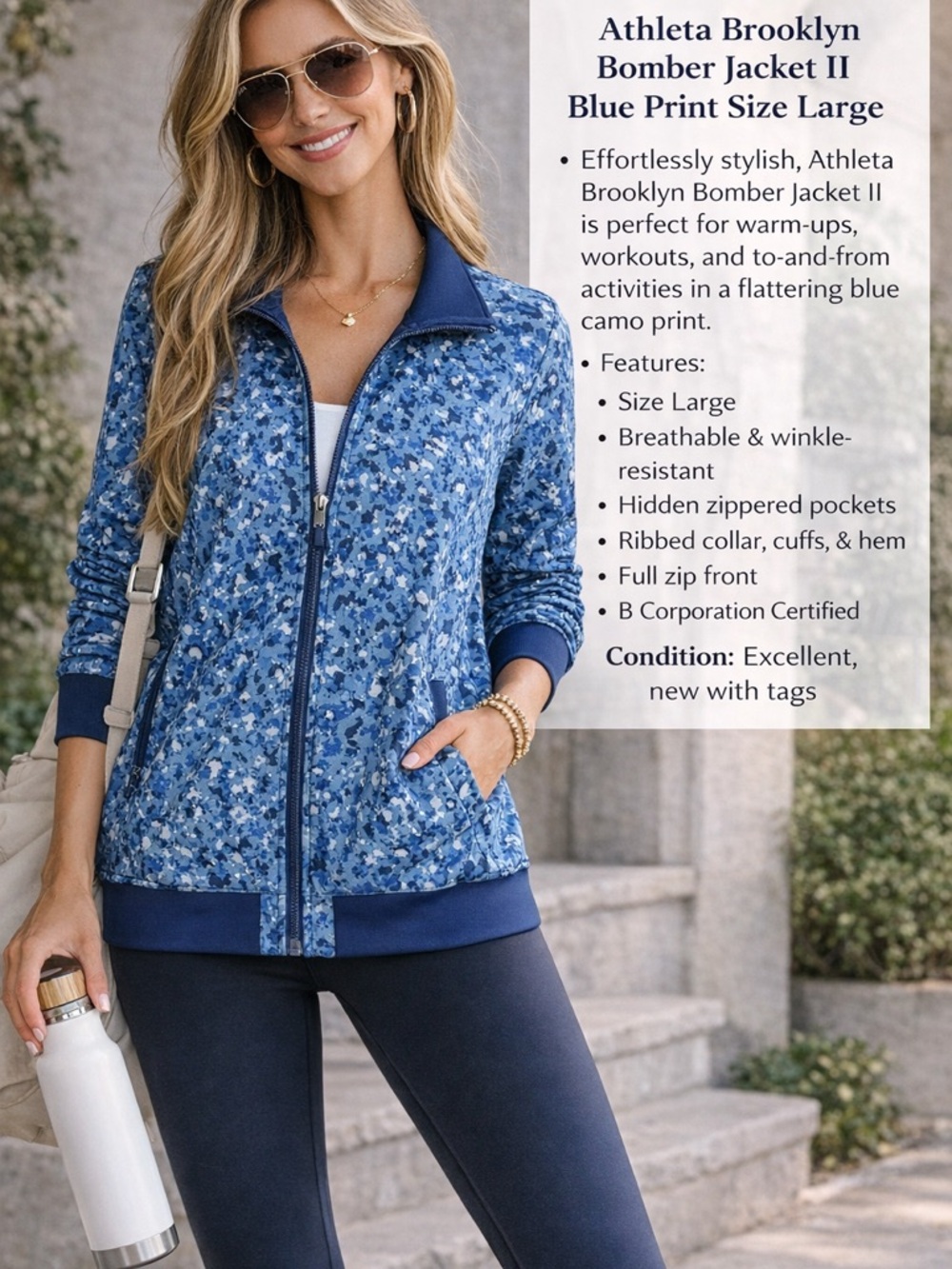 Athleta Brooklyn Bomber Jacket II Blue Camo Print Large NWT Zip Athletic